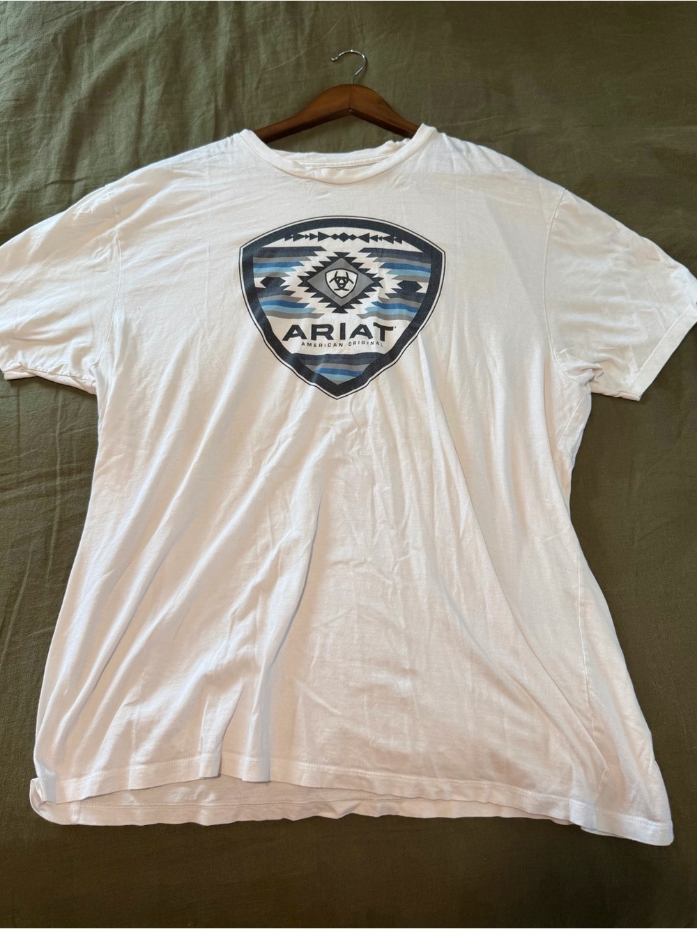 Ariat White Short-Sleeve Crew Tee with Blue and Gray Shield Logo